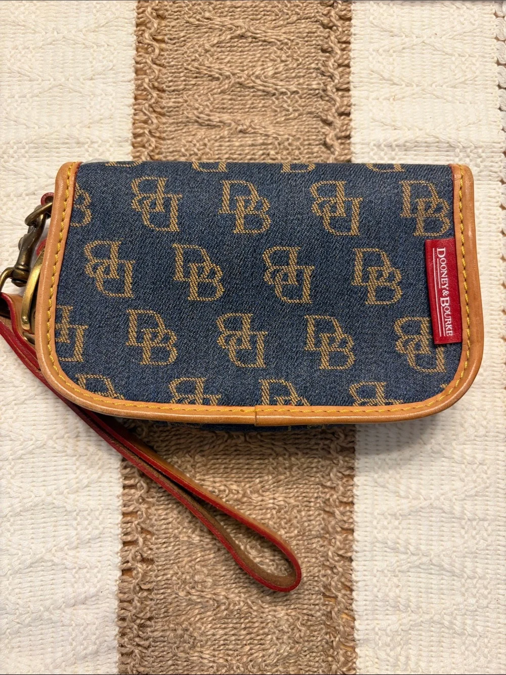 Dooney & Bourke Denim Monogram Wristlet with Tan Leather Trim